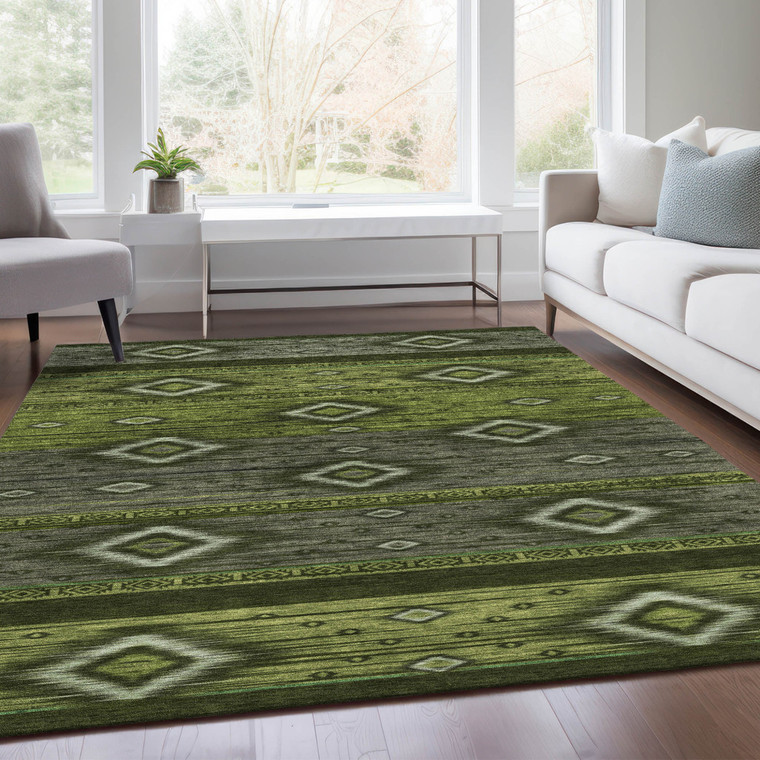 5' X 8' Artichoke Green Gray And Fern Green Tribal Washable Indoor Outdoor Area Rug