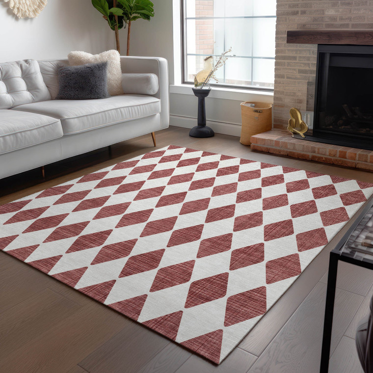 5' X 8' Burgundy Geometric Washable Indoor Outdoor Area Rug