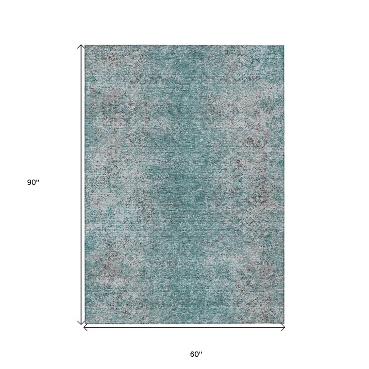 5' X 8' Teal Blue Gray And Charcoal Oriental Washable Indoor Outdoor Area Rug - Teal Blue, Gray, Charcoal