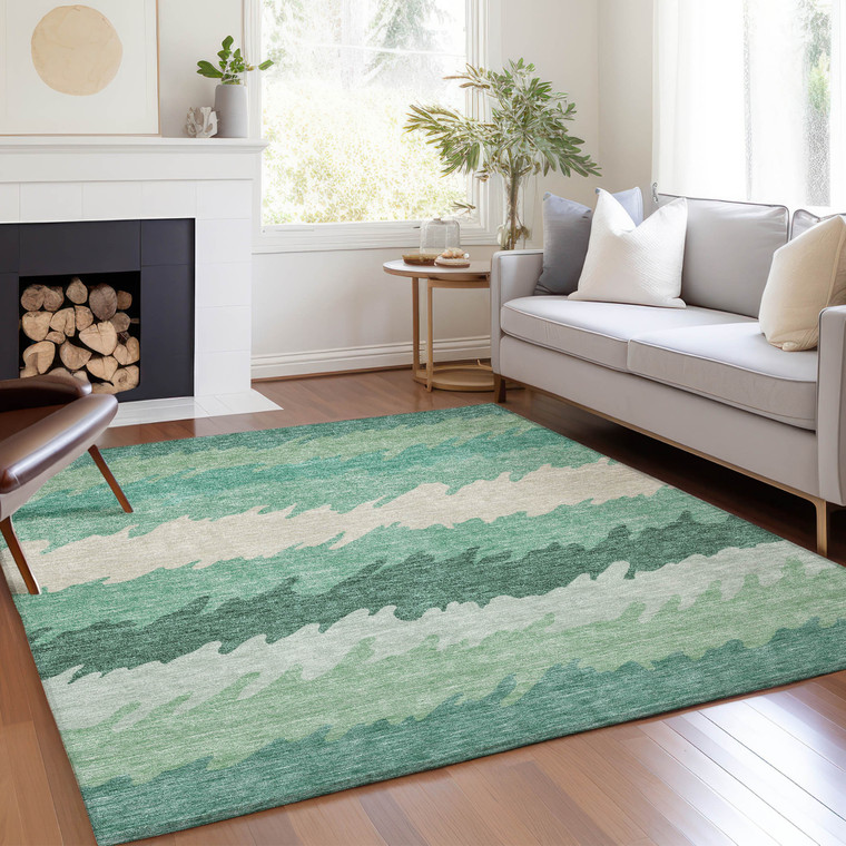 3' X 5' Sage Green And Ivory Striped Washable Indoor Outdoor Area Rug