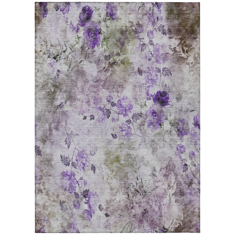 5' X 8' Purple Lavender And Artichoke Green Floral Washable Indoor Outdoor Area Rug