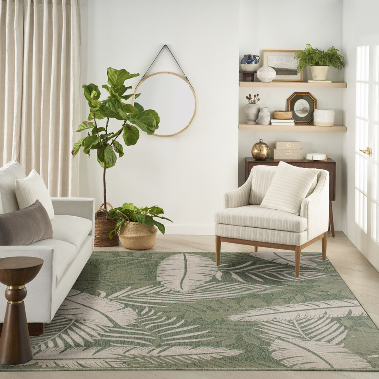 8' X 10' Ivory And Green Palm Leaf Indoor Outdoor Area Rug - Ivory, Green