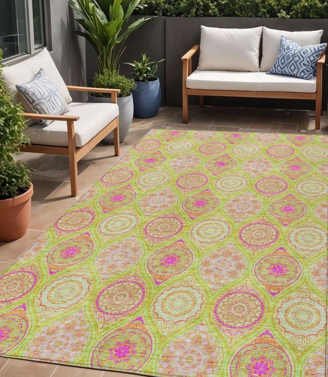 5' X 8' Lime Green Pink And Ivory Floral Medallion Washable Indoor Outdoor Area Rug