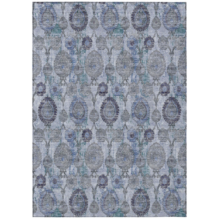 5' X 8' Navy Blue And Sky Blue Damask Washable Indoor Outdoor Area Rug