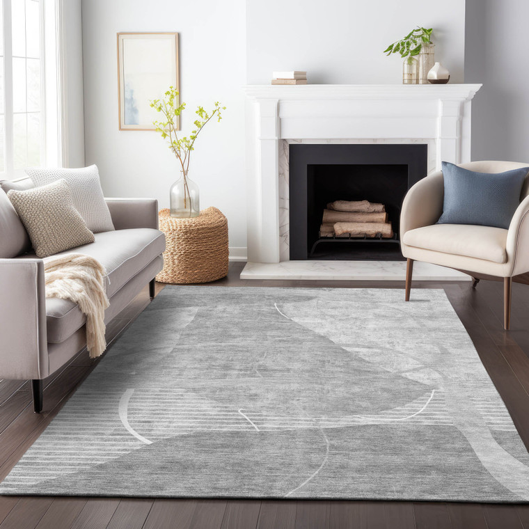 5' X 8' Gray Silver And Ivory Abstract Washable Indoor Outdoor Area Rug - Gray, Silver, Ivory