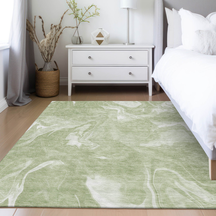 3' X 5' Artichoke Green Fern Green And Ivory Abstract Washable Indoor Outdoor Area Rug