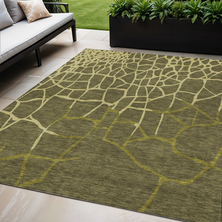 5' X 8' Olive Green And Dark Green Abstract Washable Indoor Outdoor Area Rug