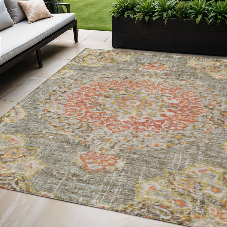 5' X 8' Brown Floral Medallion Washable Indoor Outdoor Area Rug