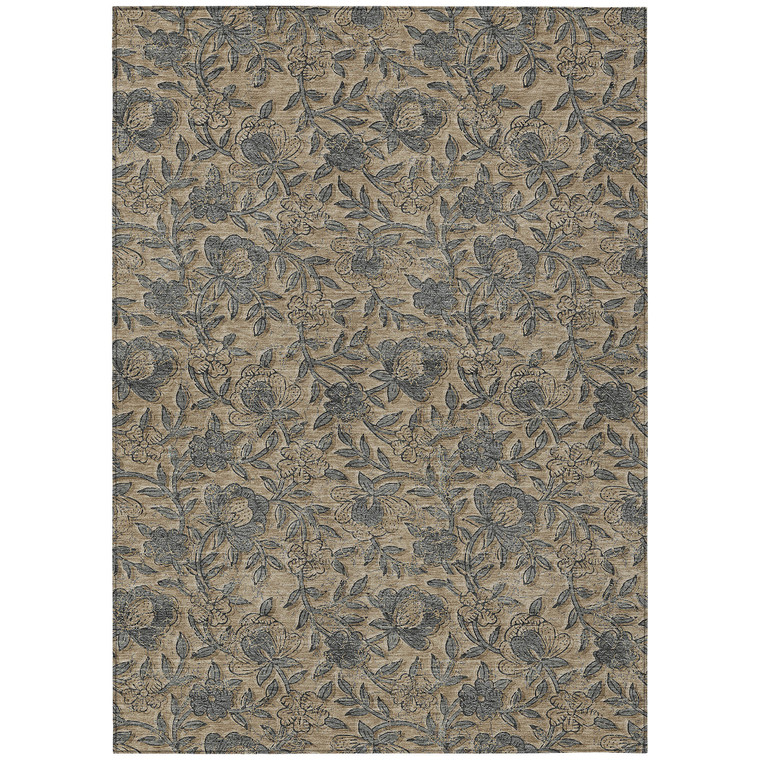 5' X 8' Khaki Beige And Gray Floral Washable Indoor Outdoor Area Rug