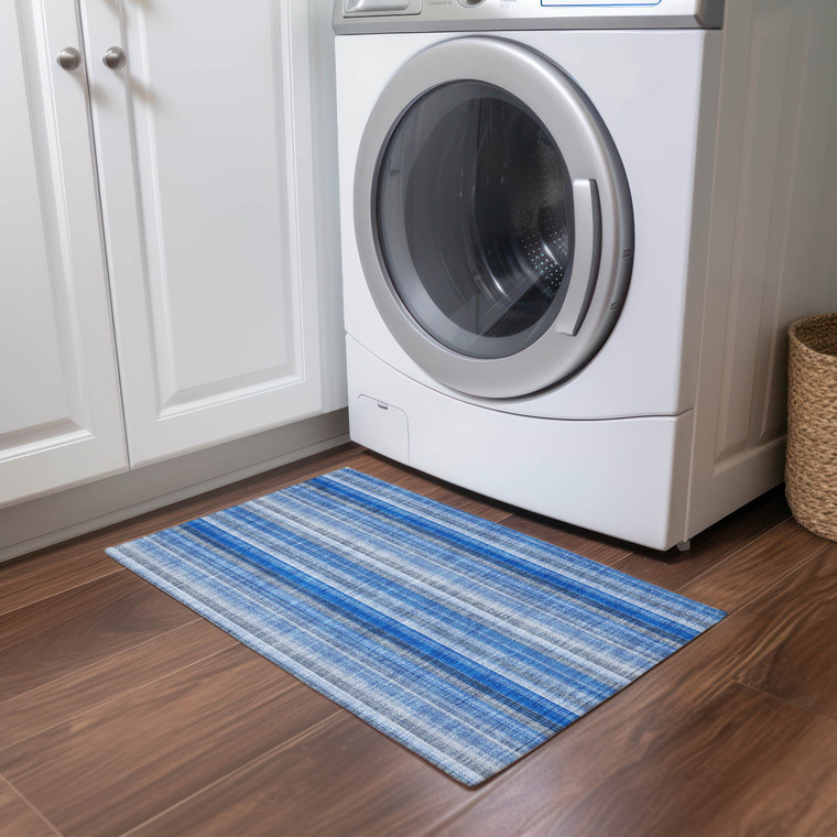 2' X 3' Blue Striped Washable Non Skid Indoor Outdoor Area Rug - Blue