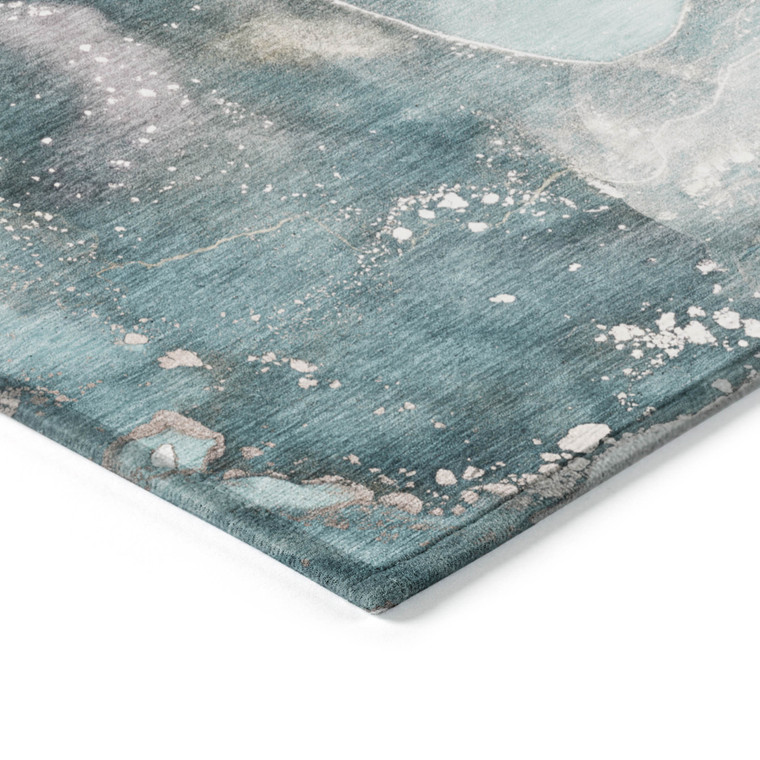 8' Runner Teal Abstract Washable Non Skid Indoor Outdoor Runner Rug Transitional Style - Teal Blue Color