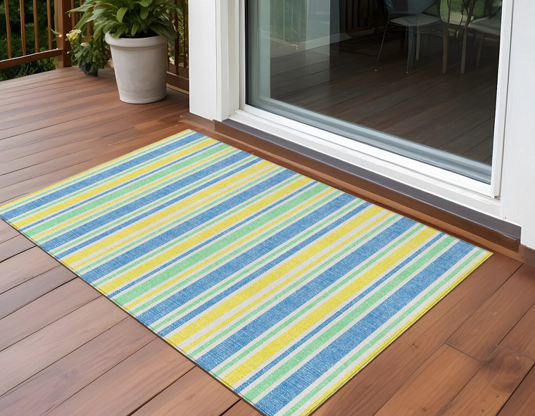 2' X 3' Blue Yellow and Green Striped Washable Non Skid Indoor Outdoor Area Rug