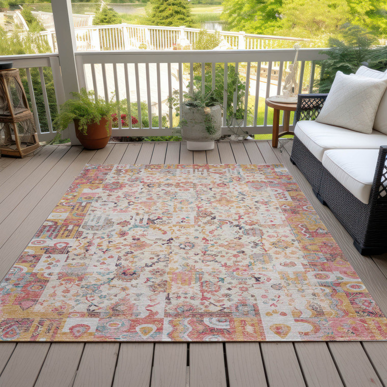5' X 8' Pink And Ivory Patchwork Washable Indoor Outdoor Area Rug