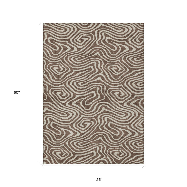 3' X 5' Brown And Beige Abstract Washable Indoor Outdoor Area Rug Transitional Style - Brown, Beige Color