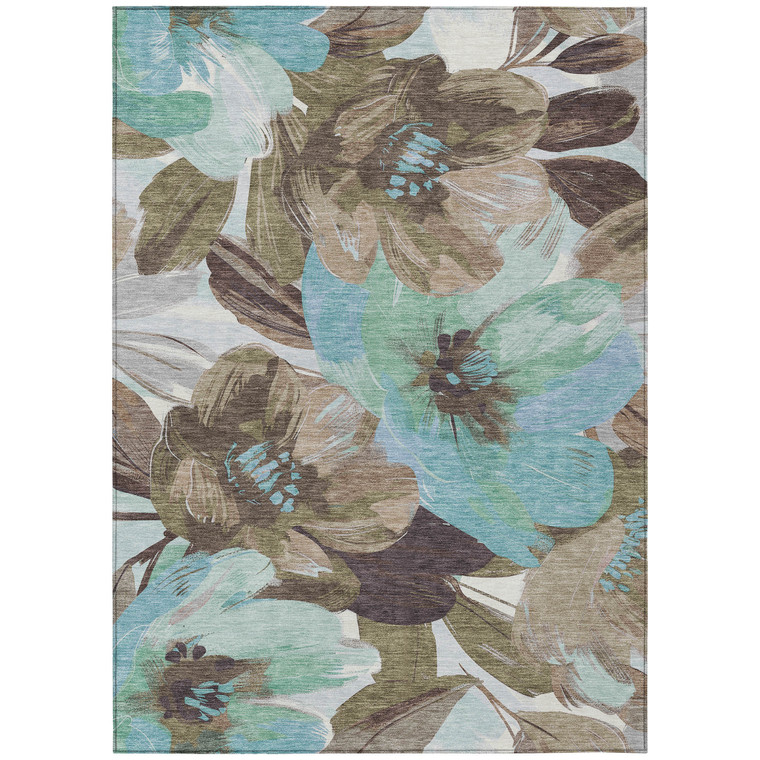 3' X 5' Khaki And Taupe Floral Washable Indoor Outdoor Area Rug