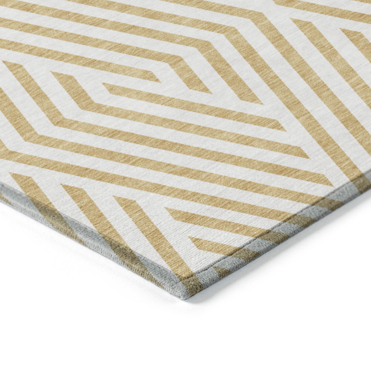 8' Runner Gold and White Geometric Washable Non Skid Indoor Outdoor Runner Rug