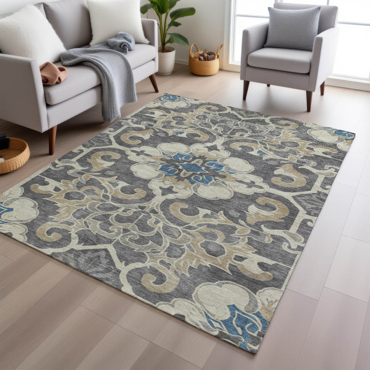 5' X 8' Beige And Charcoal Damask Washable Indoor Outdoor Area Rug