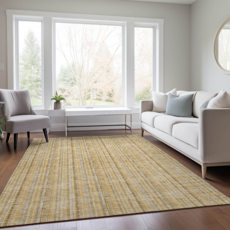 5' X 8' Wheat Gold And Gray Striped Washable Indoor Outdoor Area Rug