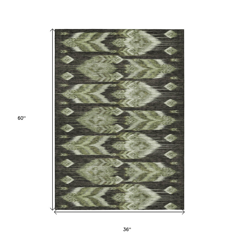 3' X 5' Olive Green And Artichoke Green Southwestern Washable Indoor Outdoor Area Rug - Olive Green, Artichoke Green
