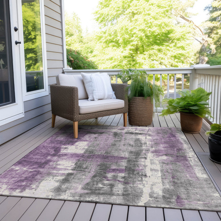 3' X 5' Purple And Ivory Abstract Washable Indoor Outdoor Area Rug - Purple, Ivory
