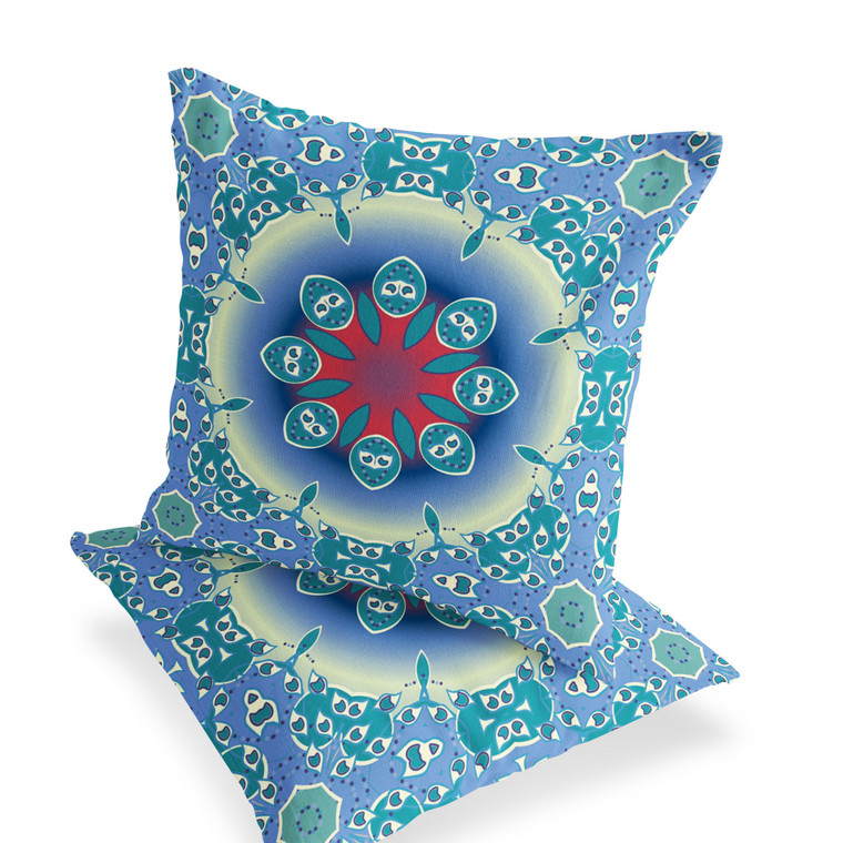 Home Decor Set of Two 16" X 16" Inches Blue and Green Blown Seam Floral Indoor Outdoor Throw Pillow for Living Room Bedroom Office
