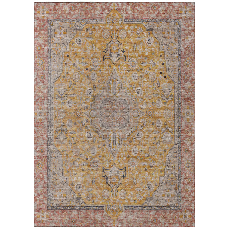 5' X 8' Gold And Peach Medallion Washable Indoor Outdoor Area Rug