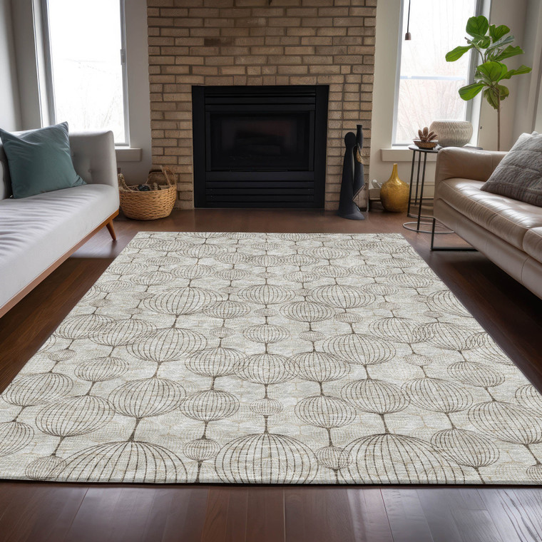 3' X 5' Beige And Brown Geometric Washable Indoor Outdoor Area Rug