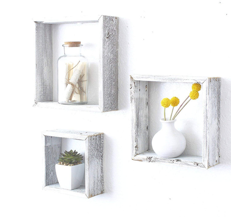 Set of 3 Square Rustic White Wash Wood Open Box Shelve - 4512822853178