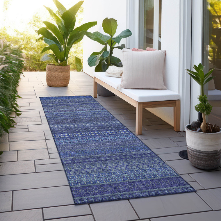 2' X 8' Navy Blue Striped Washable Indoor Outdoor Runner Rug
