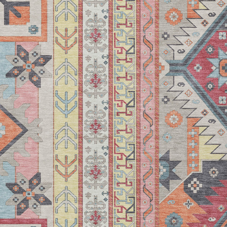 5' X 8' Linen Pink And Yellow Aztec Washable Indoor Outdoor Area Rug