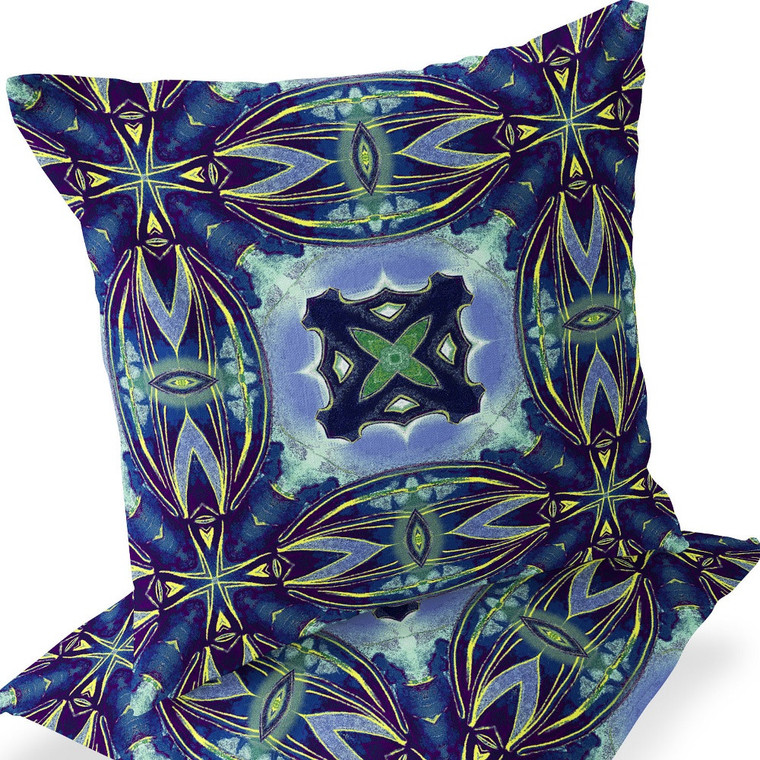 Set of Two 16" X 16" Blue and Green Blown Seam Floral Indoor Outdoor Throw Pillow Polyester Premium Quality