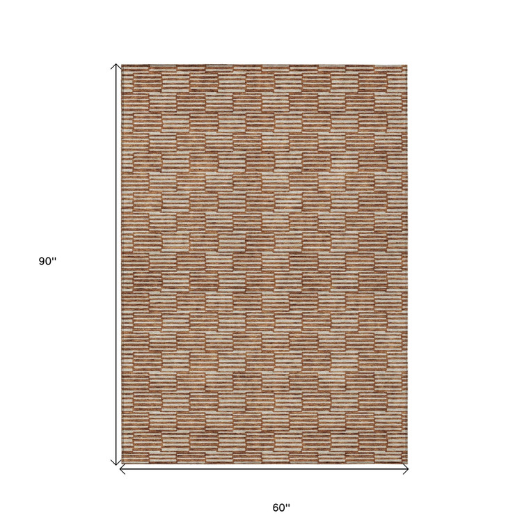 5' X 8' Copper And Beige Geometric Washable Indoor Outdoor Area Rug - Copper, Beige