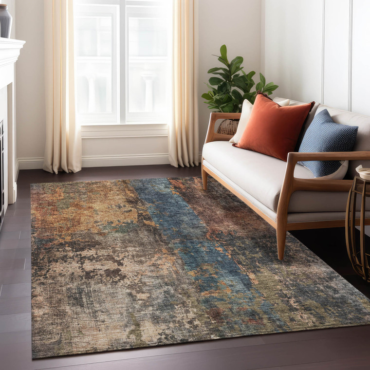 3' X 5' Blue Copper And Brown Abstract Washable Indoor Outdoor Area Rug