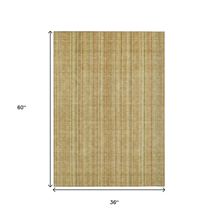3' X 5' Wheat Gold And Beige Striped Washable Indoor Outdoor Area Rug
