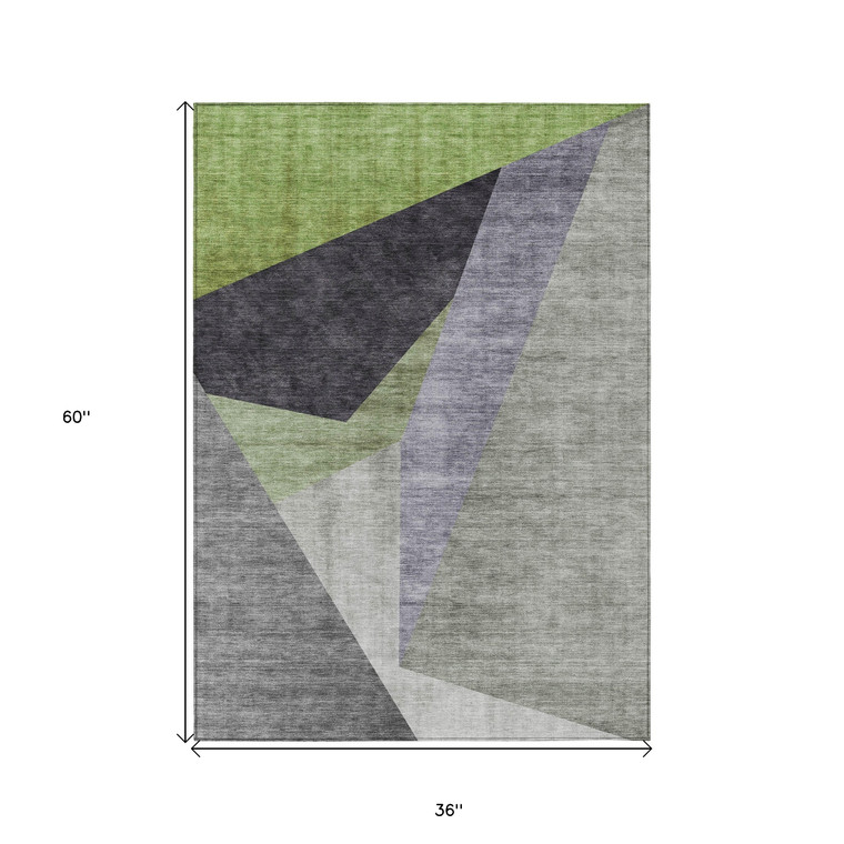 3' X 5' Sage Green And Charcoal Abstract Washable Indoor Outdoor Area Rug