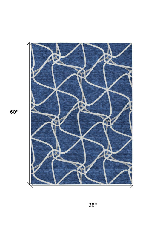3' X 5' Blue And Ivory Geometric Washable Indoor Outdoor Area Rug Contemporary Style - Blue, Ivory Color