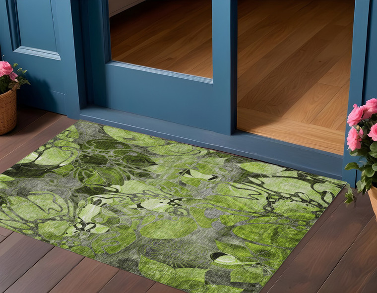 3' X 5' Fern Green and Gray Abstract Washable Indoor Outdoor Area Rug