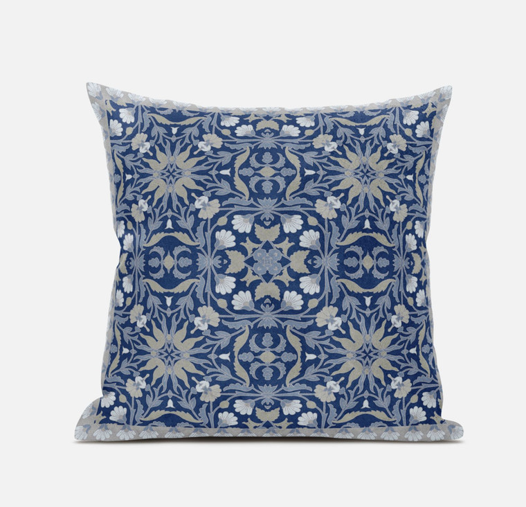 18" X 18" Dark Blue And Gray Blown Seam Paisley Indoor Outdoor Throw Pillow