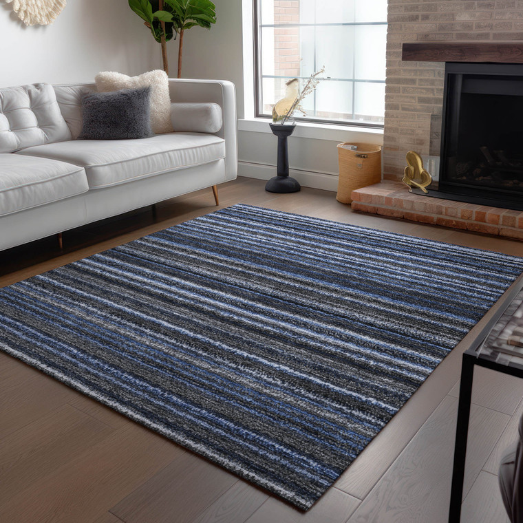 5' X 8' Denim Blue And Gray Striped Washable Indoor Outdoor Area Rug