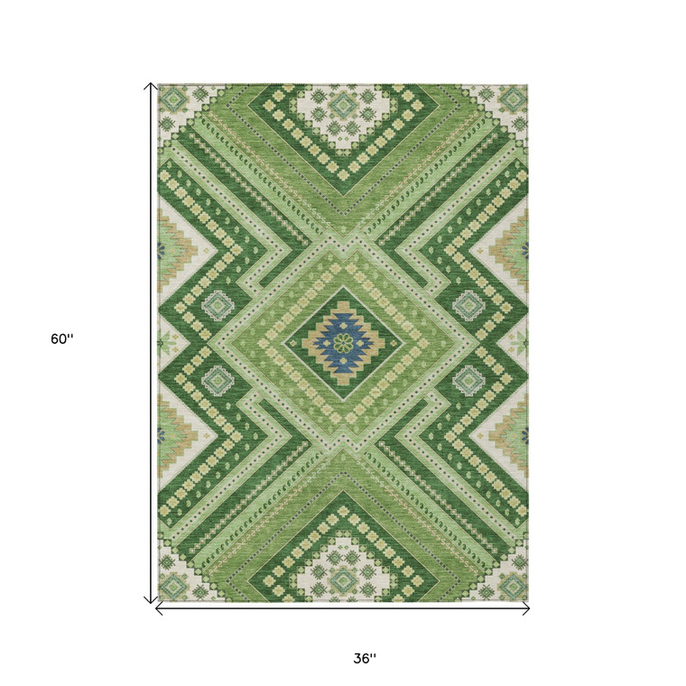 3' X 5' Green Ivory And Beige Tribal Washable Indoor Outdoor Area Rug