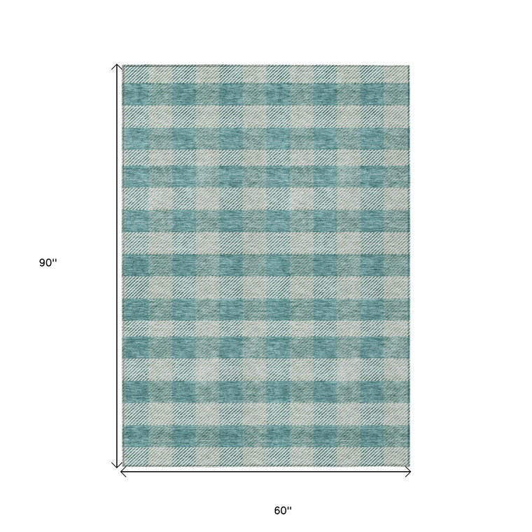 5' X 8' Teal Blue And Ivory Plaid Washable Indoor Outdoor Area Rug