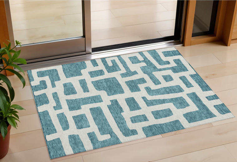 3' X 5' Teal Blue And Ivory Abstract Washable Indoor Outdoor Area Rug Transitional Style - Teal Blue, Ivory Color