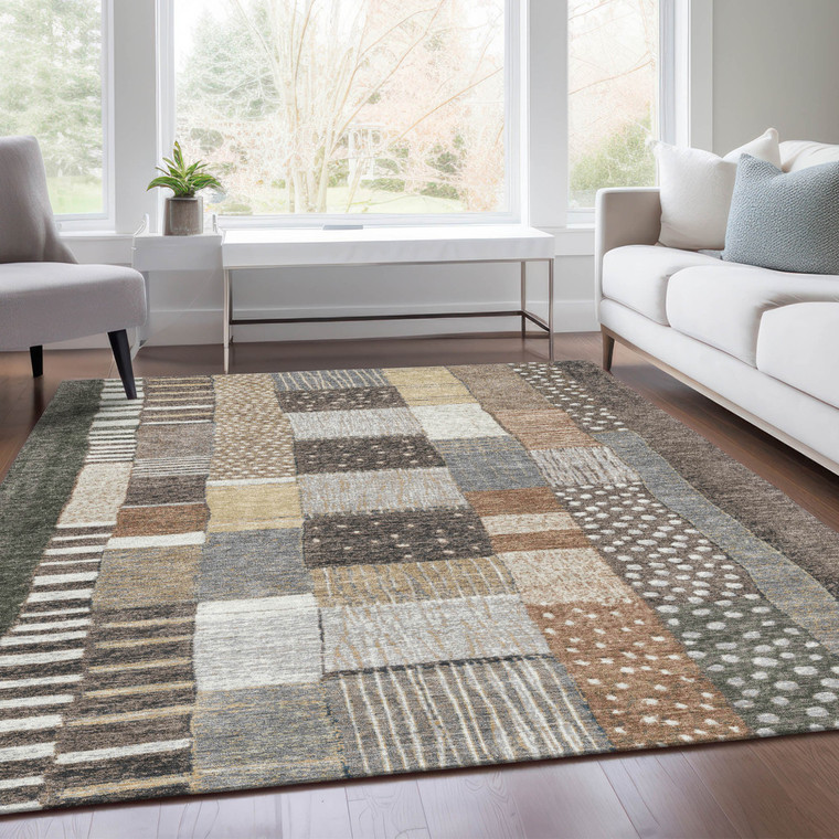 3' X 5' Brown Ivory And Gray Geometric Washable Indoor Outdoor Area Rug