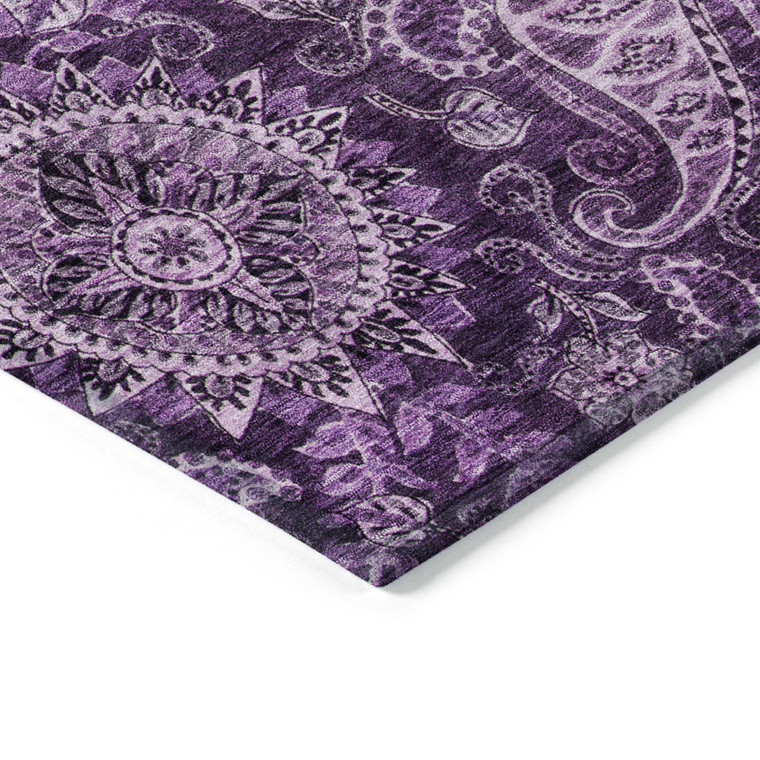 3' X 5' Purple And Charcoal Floral Medallion Washable Indoor Outdoor Area Rug