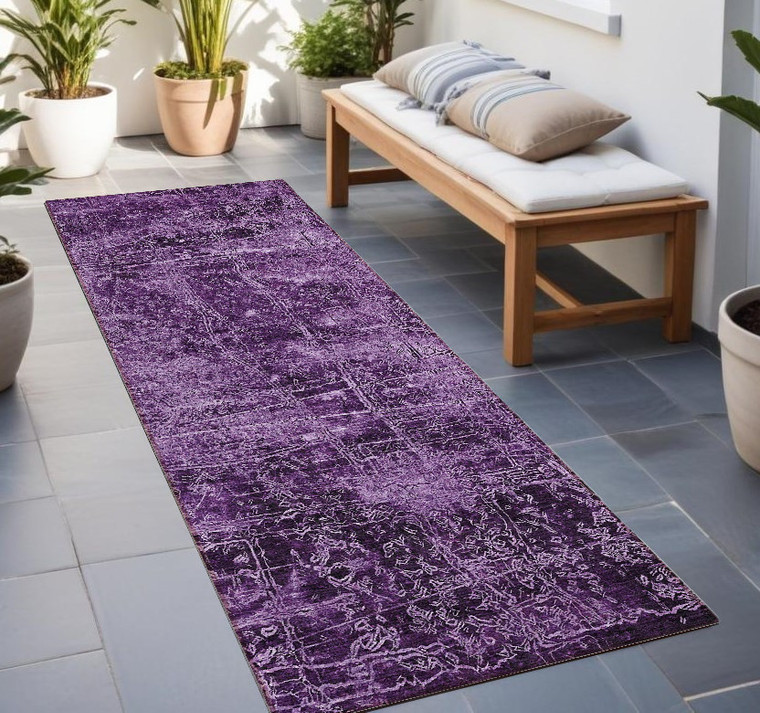 8' Runner Purple Abstract Washable Non Skid Indoor Outdoor Runner Rug - Purple