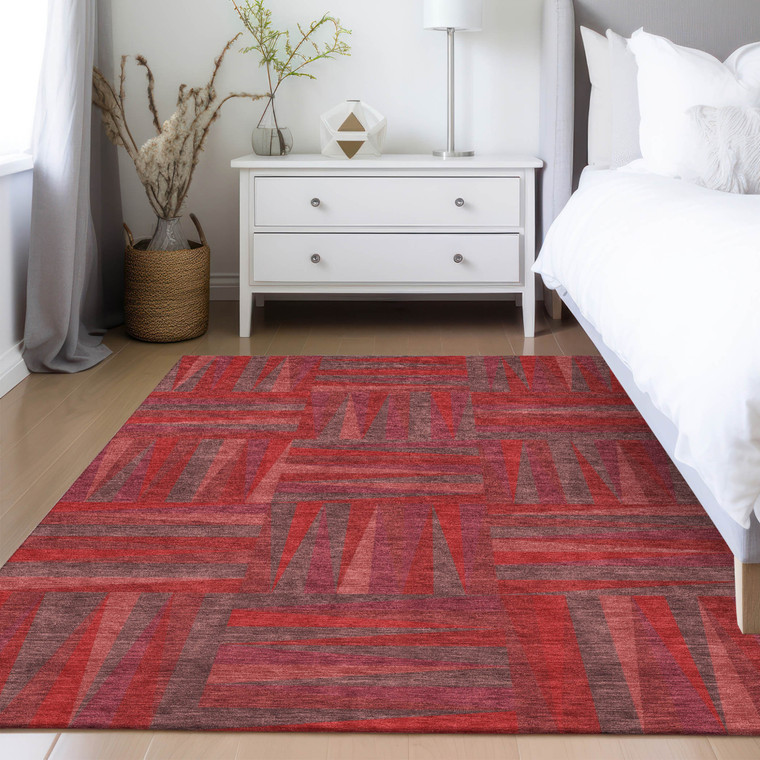 5' X 8' Red And Brown Geometric Washable Indoor Outdoor Area Rug