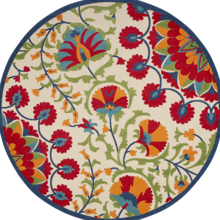 8' Navy Blue Beige Green Blue And Red Round Floral Indoor Outdoor Area Rug - Navy Blue, Beige, Green, Blue, Red