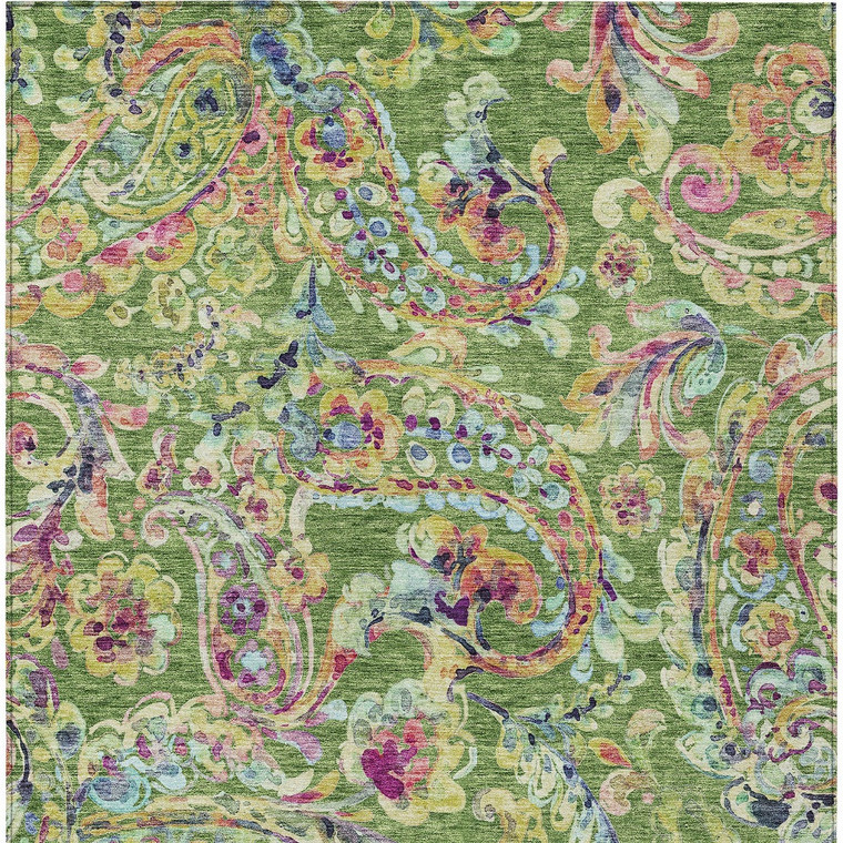 5' X 8' Fern Green And Artichoke Green Paisley Washable Indoor Outdoor Area Rug