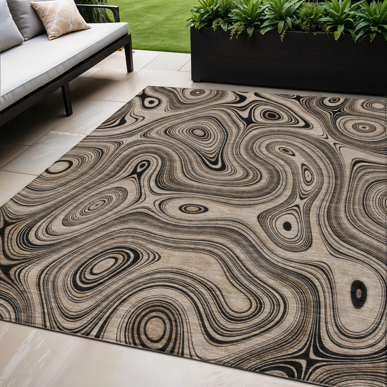 5' X 8' Beige And Charcoal Geometric Washable Indoor Outdoor Area Rug