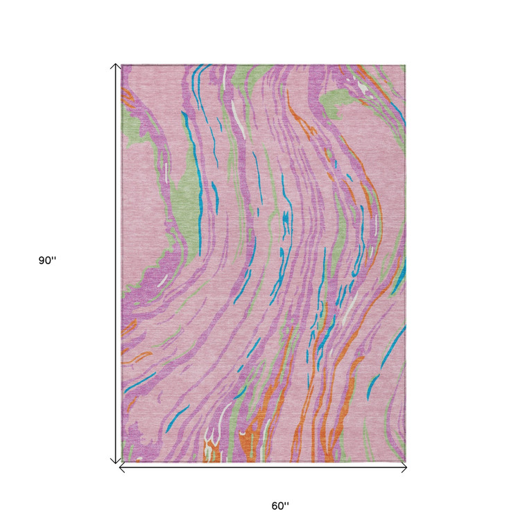 5' X 8' Pink Green And Teal Blue Abstract Washable Indoor Outdoor Area Rug